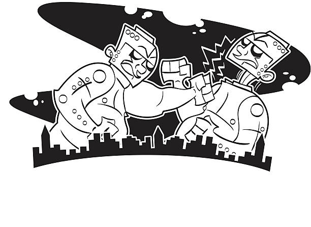 ilustraciones, imágenes clip art, dibujos animados e iconos de stock de robot guerreros - city night spooky skyline