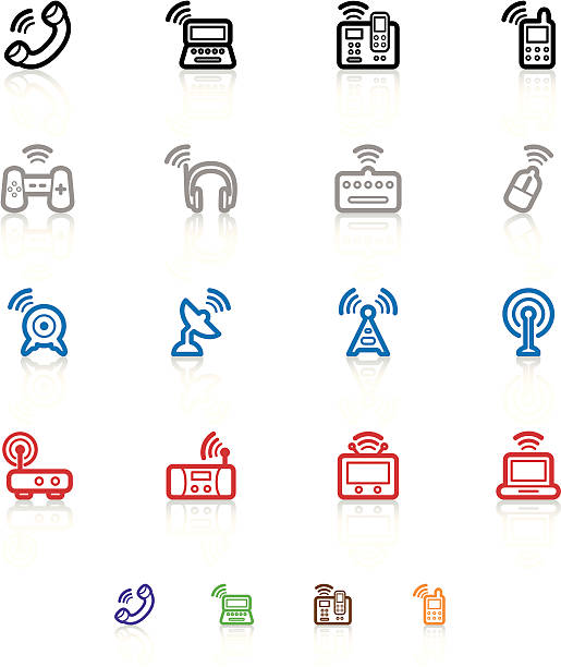 Wireless Technology Icons "Wireless Technology Outline icon designs, created to be used for websites, products and in your presentations. You can select the colors that fits with your design. The reflections were created using linear gradient" personal compact disc player stock illustrations