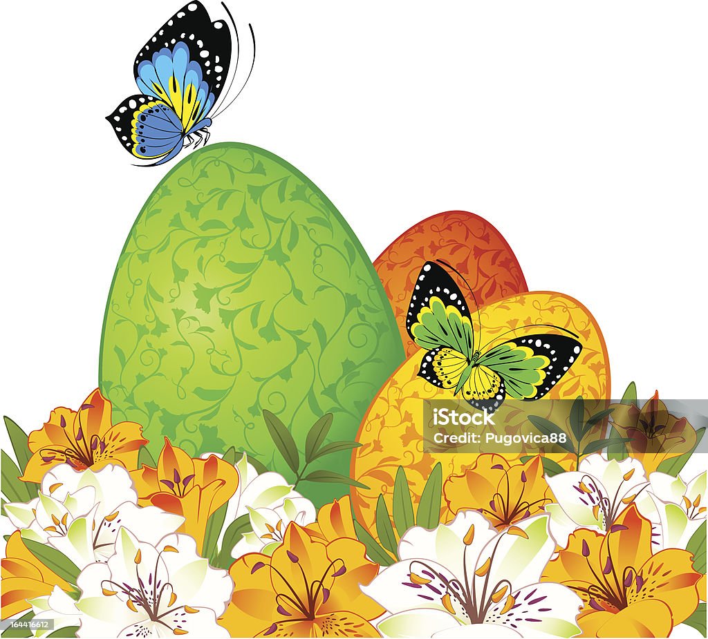 Jaja z kwiaty i motyle. Wektor Wielkanoc karta - Grafika wektorowa royalty-free (Bez ludzi)