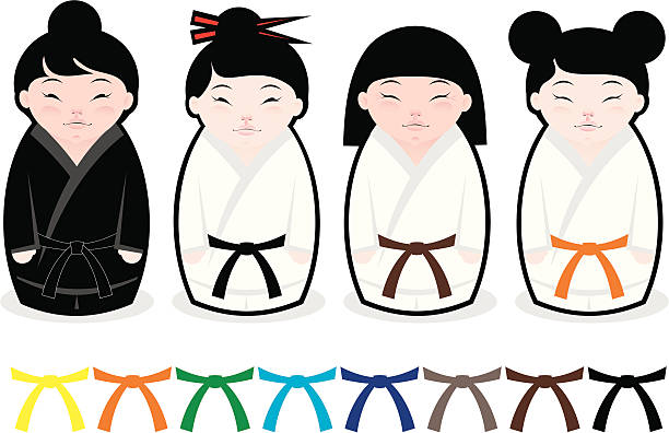 Japanese karate kokeshi dolls Traditional Japanese kokeshi dolls dressed kimono and going to the gym! yellow belt stock illustrations