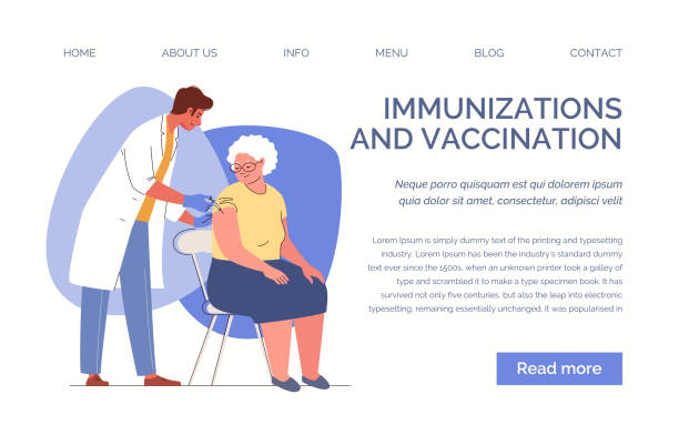 Elderly Woman Came to Vaccination Nurse vaccinates people with vaccine injection to prevent diseases and viruses. Vaccination of adults, elderly patients. Website, template, landing page. Vector illustration. Flat cartoon characters. senior getting flu shot stock illustrations