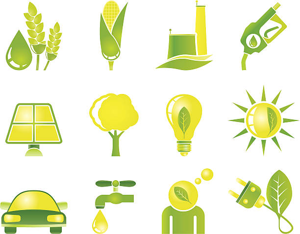 ekologia, środowiska i natura ikony-wektor zestaw ikon - diesel factory water sun stock illustrations