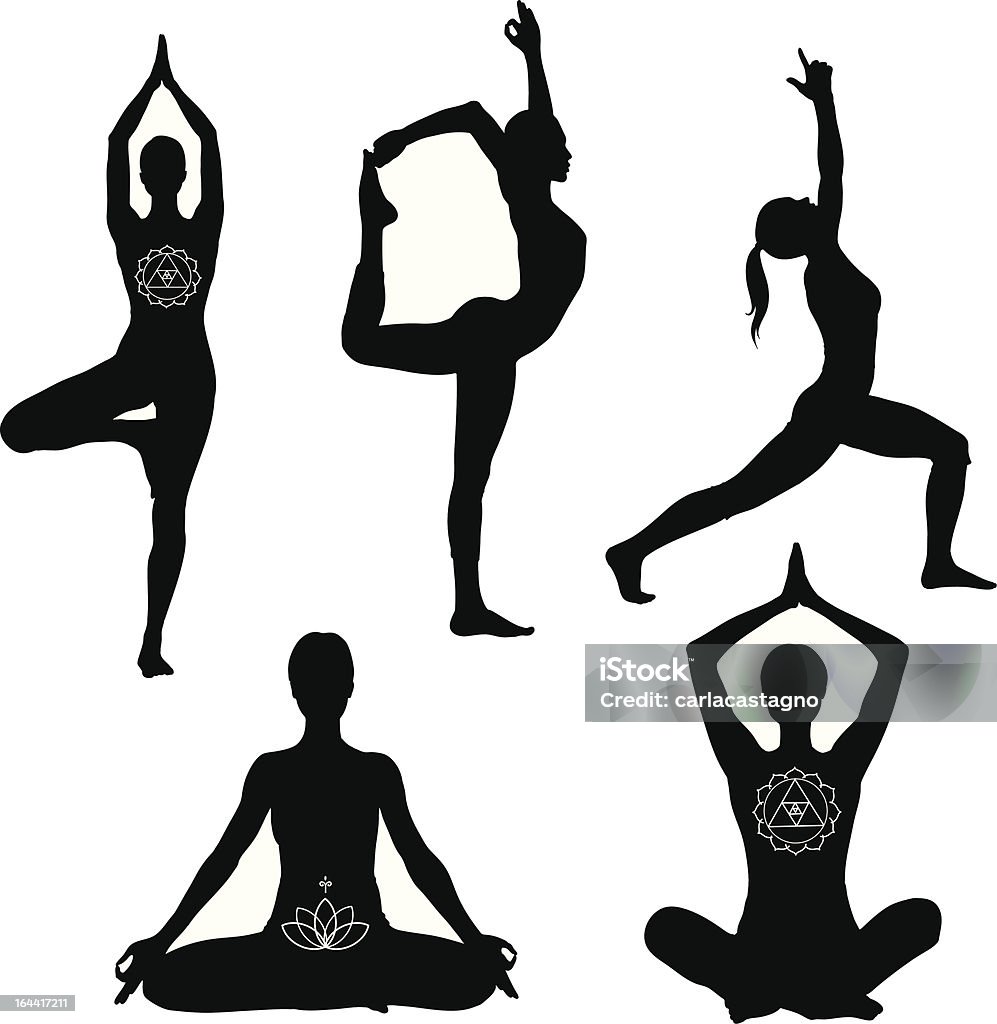 Yoga poses black silhouettes "Yoga poses: lotus, lord of the dance, warrior I and tree pose." Yoga stock vector