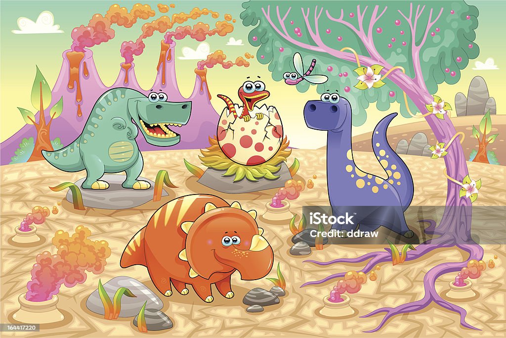 Group of funny dinosaurs in a prehistoric landscape. Group of funny dinosaurs in a prehistoric landscape. Cartoon and vector isolated characters on background Animal stock vector