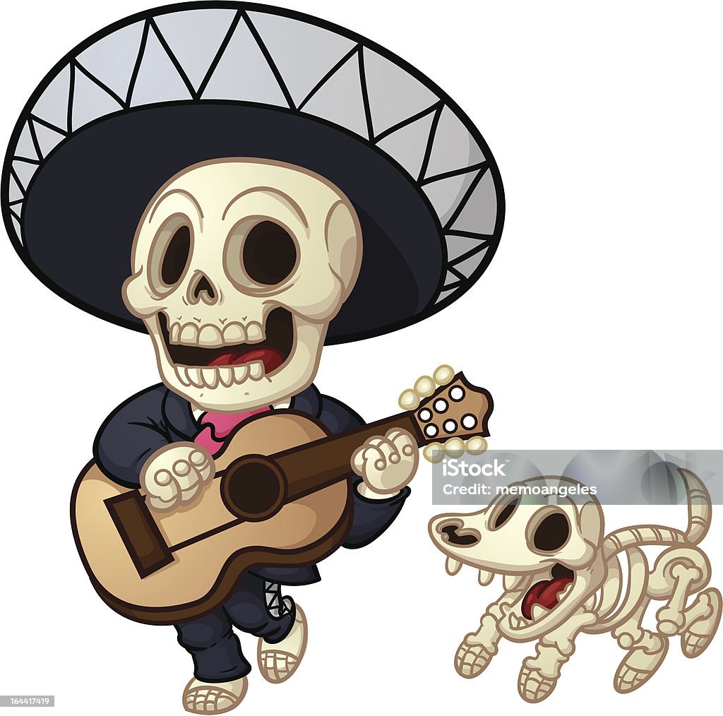 Dead mariachi Cartoon dead mariachi walking and singing. Vector illustration with simple gradients. Mariachi and dog on separate layers for easy editing. Animal Skeleton stock vector