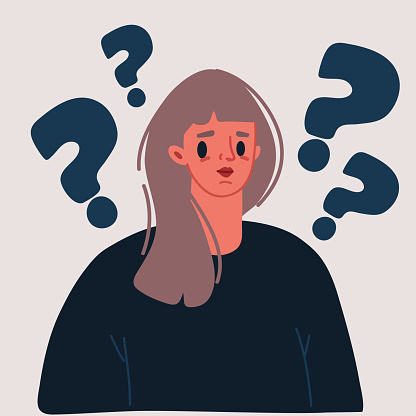 Cartoon vector illustration of Young woman doubts and questioning everything. Young girl surrounded by a question mark.