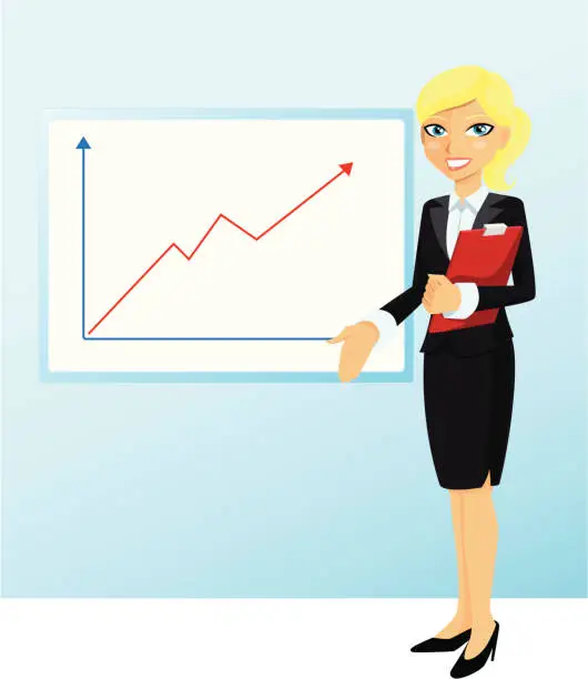 Vector illustration of businesswoman with documants gesturing towards a flipchart