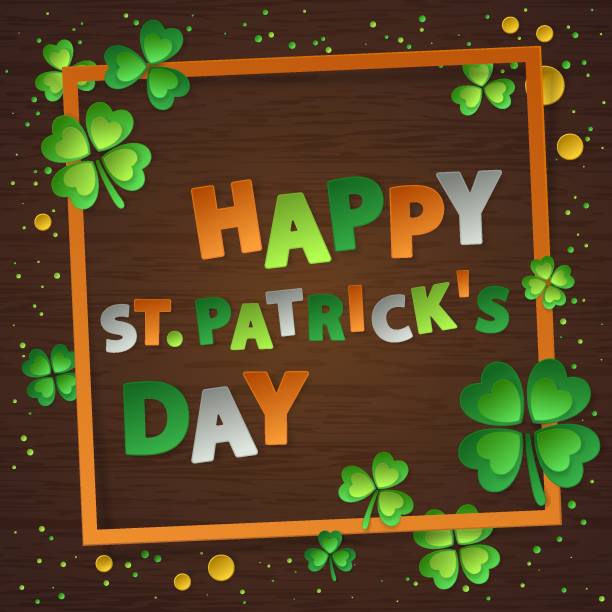 istock Card with paper frame, dust, confetti, green four leaf clovers and lettering Happy Saint Patrick's Day. Vector illustration on wooden background. Elements for banner, poster, holiday, party. 1644182170