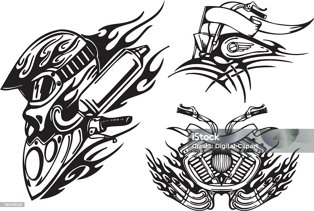 Tribal bikes. "Helmet of the biker, front part of a motorcycle, the motorcycle motor. Vector illustration ready for vinyl cutting." Aggression stock vector