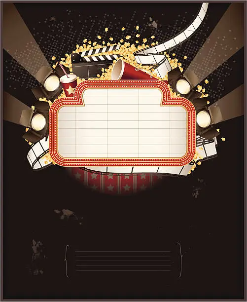 Vector illustration of Theatre marquee with movie theme objects. Composition