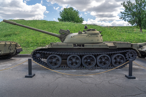 Kyiv, Ukraine - Aug 10, 2019: Old Soviet Medium Tank T-55 - Kiev, Ukraine