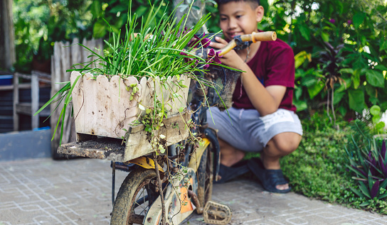 Asian boys have found old bicycles by turning them into flower pots for their homes.This creative idea not only makes use of discarded items but also creates a beautiful and sustainable garden design