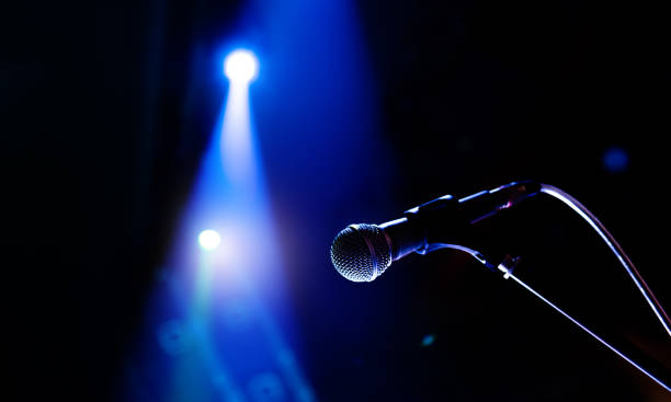 istock Close up of single microphone in concert hall 1644190384