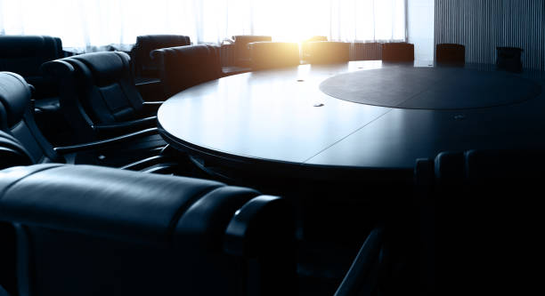 Blur image of empty boardroom with window cityscape background. Business concept