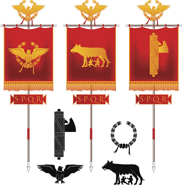 Roman Symbols Ancient Roman Symbols: Wolf, Eagle, laurel etc on red flags roman empire vector stock illustrations