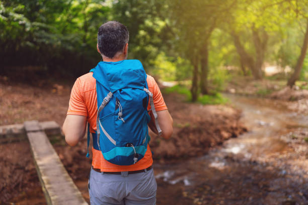 istock Unrecognizable man enjoying hike, while walking on a tree trunk to cross the river 1644196421