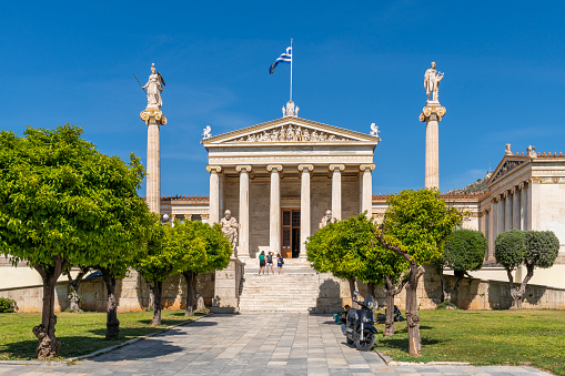 Athens, Greece April 24, 27, 2023 The beautiful buildings of The Academy of Athens in Athens, Greece