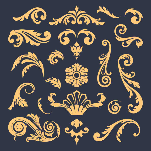 flourish heraldic ornaments 벡터 세트 - curled up decoration ornate design stock illustrations