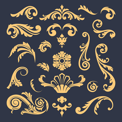 Medieval flourish ornaments. Victorian graphic elements. Gold patterns on dark backgrond. Vintage vector elements.