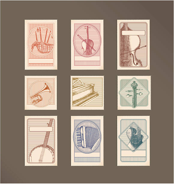 illustrazioni stock, clip art, cartoni animati e icone di tendenza di stamps- strumenti musicali - brass instrument retro revival old fashioned part of