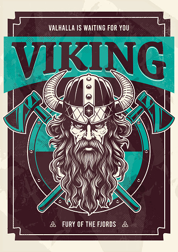 Vector art of viking warrior with long hair and beard in a horned helmet. Crossed axes and circle shield behind. Typographic print design.