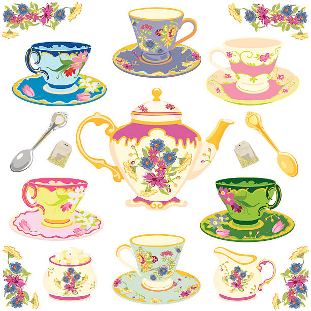 Victorian Tea Set Victorian tea set isolated on white saucer stock illustrations