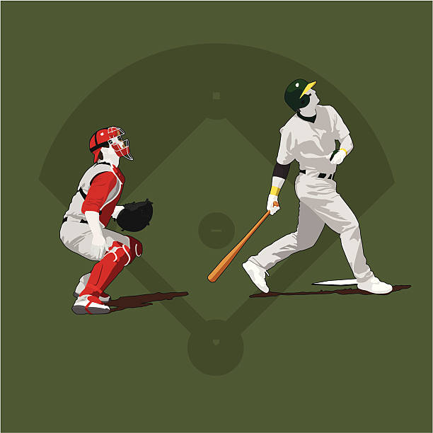 it's gone vector illustration of a batter after just hitting a home run and the catcher watching it go baseball homerun stock illustrations