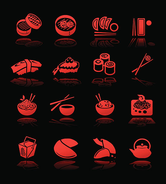 Asian Cuisine Icons Hi Contrast A set of high contrast Asian cuisine icons in a tasty red scheme pad thai stock illustrations