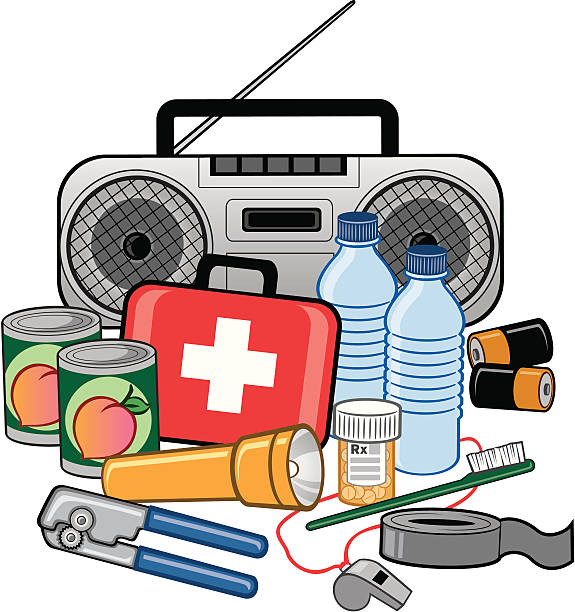 ilustrações de stock, clip art, desenhos animados e ícones de kit de sobrevivência de emergência de preparação - first aid audio