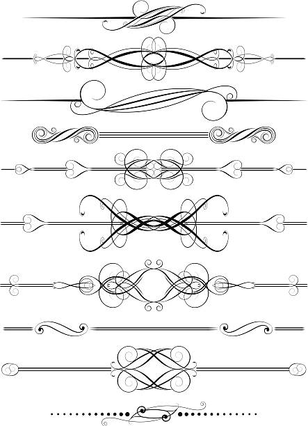 illustrazioni stock, clip art, cartoni animati e icone di tendenza di insieme di ricciolo divisore ornamenti - divider single line striped ornate