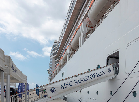 Tarragona, Spain - July 30, 2023: The MSC Magnifica cruise ship calls at the port of Tarragona.