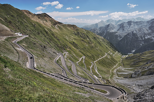 Panoramic view of Col de la Bonette in french Alps, the highest road in Europe peaking at 2802 meters