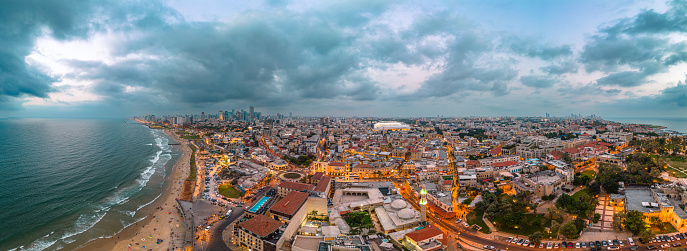 Aerial panoramic photo of the waterfront of Tel Aviv - Yafo  at afternoon and dusk in summer