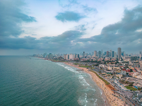 Aerial panoramic photo of the waterfront of Tel Aviv - Yafo  at afternoon and dusk in summer