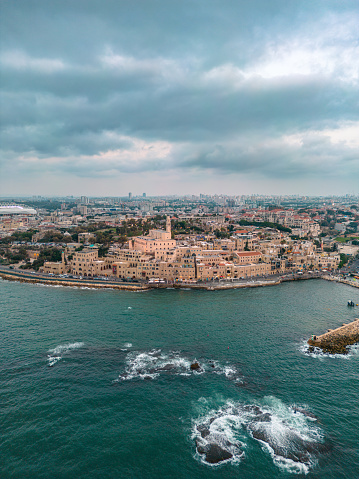 Aerial panoramic photo of the waterfront of Tel Aviv - Yafo  at afternoon and dusk in summer