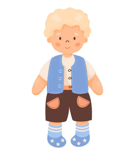 Vector illustration of Children toy doll. Beautiful cute curly blond boy in vest and shorts. Vector illustration in cartoon style. kids collection.