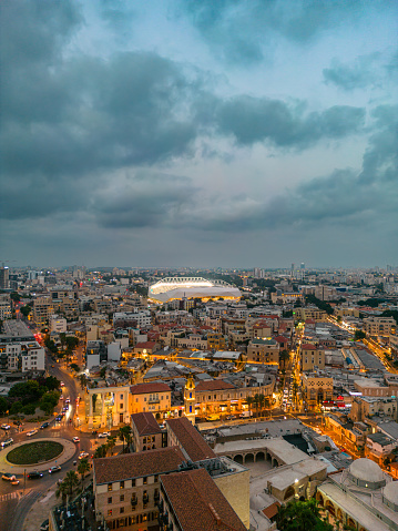 Aerial panoramic photo of the waterfront of Tel Aviv - Yafo  at afternoon and dusk in summer