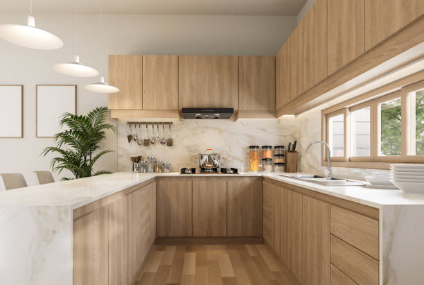 istock Modern luxury contemporary style u shape kitchen counter design idea 3d render 1644267403