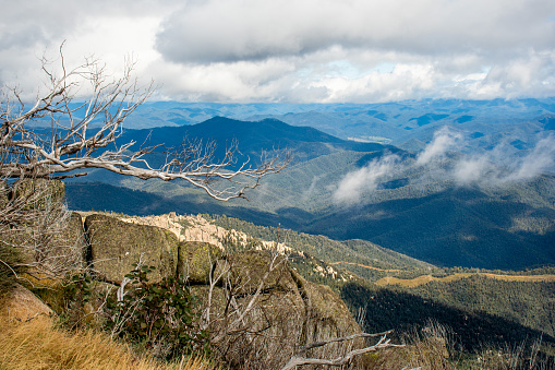Mount Buffalo National Park, Victoria. Australia. Australian Alps views from The Horn picnic area. Mountains and clouds scenic view landscape