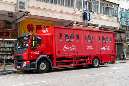 Hong Kong - August 28, 2023 : Coca-Cola Delivery Truck at Yau Ma Tei in Kowloon, Hong Kong.