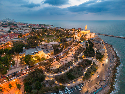 Aerial panoramic photo of the waterfront of Tel Aviv - Yafo  at afternoon and dusk in summer