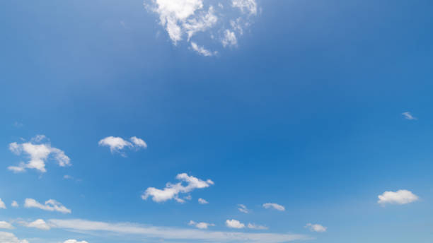 istock Panoramic view of clear blue sky and clouds, Blue sky background with tiny clouds. White fluffy clouds in the blue sky. Captivating stock photo featuring the mesmerizing beauty of the sky and clouds. 1644281387