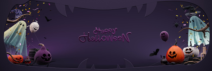 Happy Halloween background with text. Funny cartoon paper art with Halloween symbols on purple background. 3D Rendering, 3D Illustration