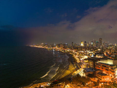 Aerial panoramic photo of the waterfront of Tel Aviv - Yafo  at afternoon and dusk in summer