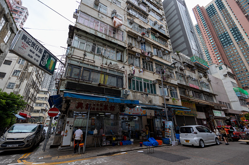 Hong Kong - August 28, 2023 : General view of the Temple Street in Yau Ma Tei, Kowloon, Hong Kong.