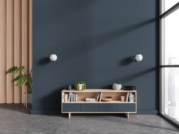 istock Cozy living room interior with sideboard, decoration and window. Mockup wall 1644296596