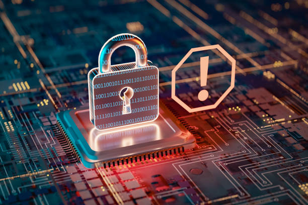 concept of warning display indicating security risks in cyberspace, 3d rendering - versleuteling stockfoto's en -beelden