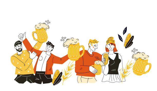 人々は乾杯を上げ、ビールの落書きスタイルのベクター画像のグラスを鳴らします。 - men drawing cheerful friendship点のイラスト素材／クリップアート素材／マンガ素材／アイコン素材