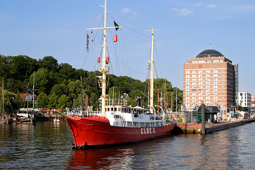 Hamburg, Germany- September 20,2023:Old lightship Elbe 3, museum ship, Oevel patrons, Hamburg, Germany, Europe