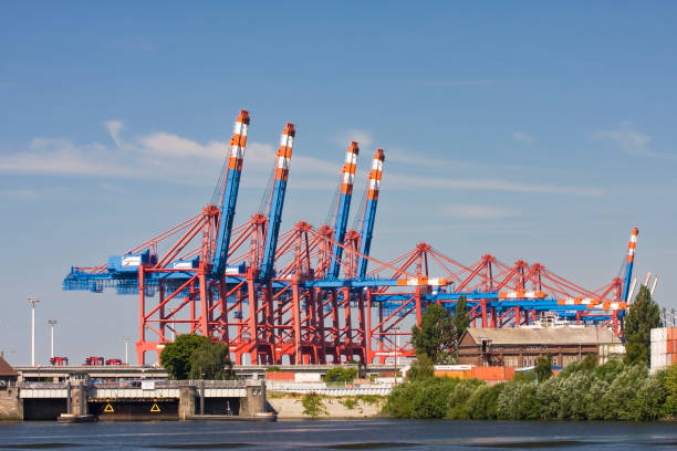 container cranes at the container terminal euro gate hamburg, germany - hafen containerterminal imagens e fotografias de stock
